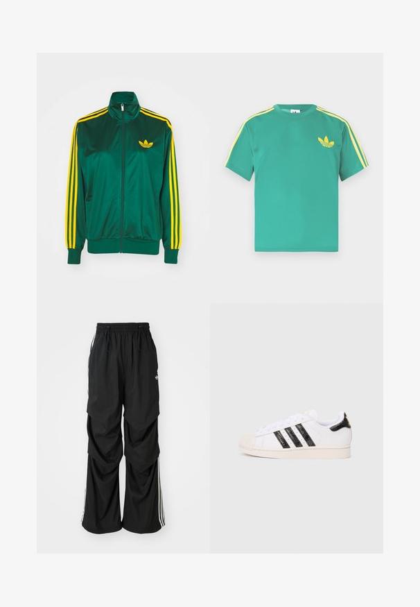 Grøn satin trackjakke, lynlåsfortil, høj krave, gul tre-stripes design på ærmerne og et lille gult logo på brystet.; Grøn bomulds t-shirt med korte ærmer, med gule striber langs skuldrene og et broderet tre-bladet logo på brystet.; Sorte løstsiddende bukser med elastisk talje, snøre og hvide sidestriber; lavet af letvægtsstof med en glat tekstur.; Hvid sneakers med sorte teksturerede striber og accenter; har en gummitå, flade snørebånd og polstring rundt om anklen.
