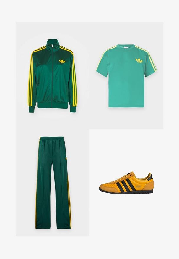 Grøn satin trackjakke, lynlåsfortil, høj krave, gul tre-stripes design på ærmerne og et lille gult logo på brystet.; Grøn bomulds t-shirt med korte ærmer, med gule striber langs skuldrene og et broderet tre-bladet logo på brystet.; Grønne sportbukser med gule striber i siden, elastisk taljebånd og to sidelommer. Fremstillet af glat, let materiale.; Gul lædersneakers med sorte striber, snørebånd, perforeret tå og teksturerede hælforskelle mærket "adidas Japan." Gummiydersål.