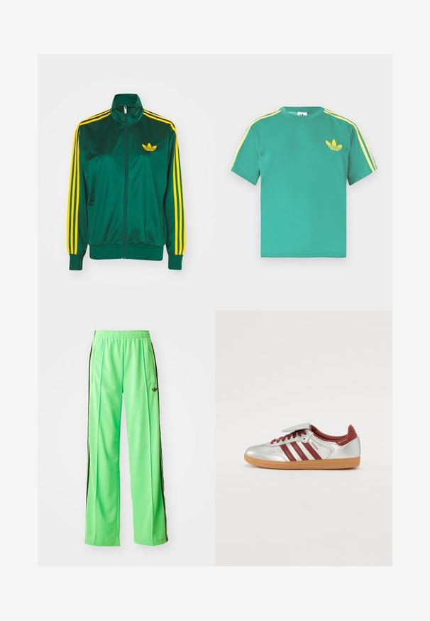 Grøn satin trackjakke, lynlåsfortil, høj krave, gul tre-stripes design på ærmerne og et lille gult logo på brystet.; Grøn bomulds t-shirt med korte ærmer, med gule striber langs skuldrene og et broderet tre-bladet logo på brystet.; Grønne atletiske bukser lavet af glat, let materiale, med sorte sidestriber og et broderet logo på fronten.; Sølv atletiske sko med røde striber, en struktureret gummisål og en Velcro-strop på toppen. Har en glat læderfinish og polstret krave.