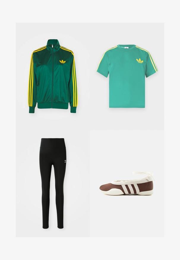 Groene satijnen trainingsjack, met rits aan de voorkant, hoge kraag, gele drie-strepen design op de mouwen en een klein geel logo op de borst.; Groen katoenen T-shirt met korte mouwen, met gele strepen langs de schouders en een geborduurd logo van drie bladeren op de borst.; Zwarte legging van rekbaar materiaal met een hoge taille, voorzien van een klein wit Adidas-logo op het linkerbeen. Gladde textuur.; Bruine en witte ballerinaschoenen met drie witte strepen en een strik om de enkel op een effen lichte achtergrond.