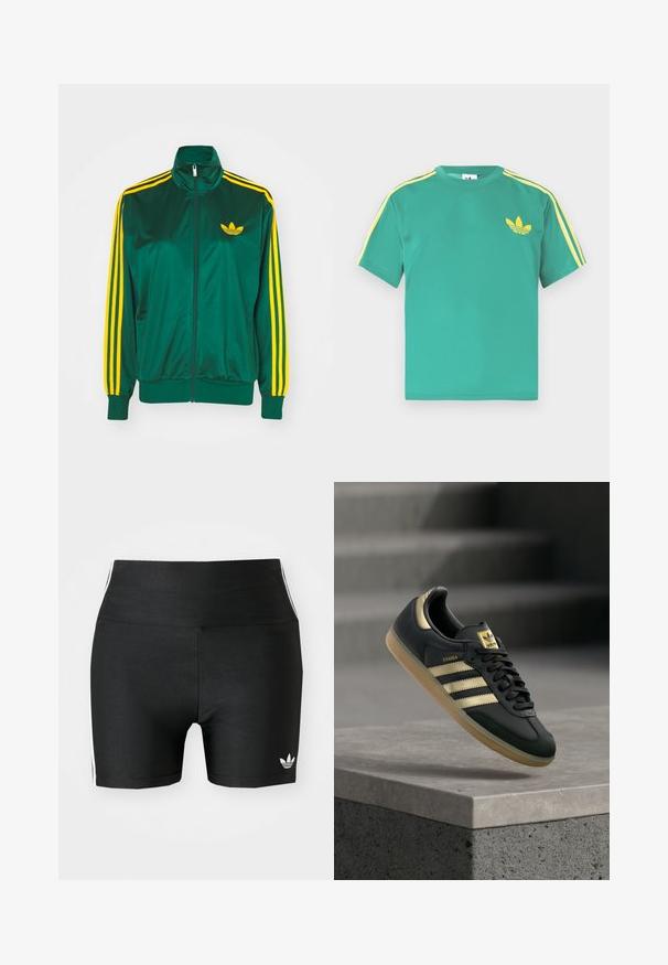 Groene satijnen trainingsjack, met rits aan de voorkant, hoge kraag, gele drie-strepen design op de mouwen en een klein geel logo op de borst.; Groen katoenen T-shirt met korte mouwen, met gele strepen langs de schouders en een geborduurd logo van drie bladeren op de borst.; Zwarte atletische shorts van rekbaar materiaal met een hoge taille. Bevatte witte zijstrepen en een klein wit logo aan de zoom.; Zwarte Adidas Samba-sneaker met gouden strepen en een rubberen zool die boven een betonnen oppervlak zweeft met vage trappen op de achtergrond.