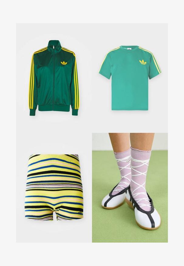 Groene satijnen trainingsjack, met rits aan de voorkant, hoge kraag, gele drie-strepen design op de mouwen en een klein geel logo op de borst.; Groen katoenen T-shirt met korte mouwen, met gele strepen langs de schouders en een geborduurd logo van drie bladeren op de borst.; Gestreepte shorts met gele, blauwe, zwarte en roze horizontale lijnen. Zacht materiaal met een elastische tailleband en afgeknipte broekspijpen.; Benen met geribbelde lavendelkleurige sokken met witte kruisbanden, gecombineerd met witte ballerina's met zwarte bies op een groene vloer.