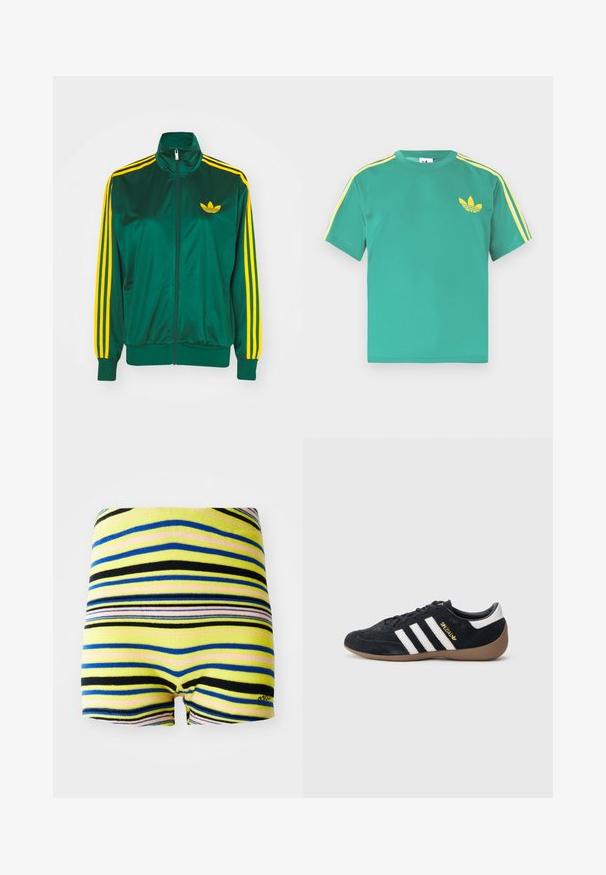 Groene satijnen trainingsjack, met rits aan de voorkant, hoge kraag, gele drie-strepen design op de mouwen en een klein geel logo op de borst.; Groen katoenen T-shirt met korte mouwen, met gele strepen langs de schouders en een geborduurd logo van drie bladeren op de borst.; Gestreepte shorts met gele, blauwe, zwarte en roze horizontale lijnen. Zacht materiaal met een elastische tailleband en afgeknipte broekspijpen.; Zwarte suède sneaker met drie witte strepen, een rubberen gumzool en een klein gouden logo aan de zijkant. Heeft een gladde zwarte binnenvoering.