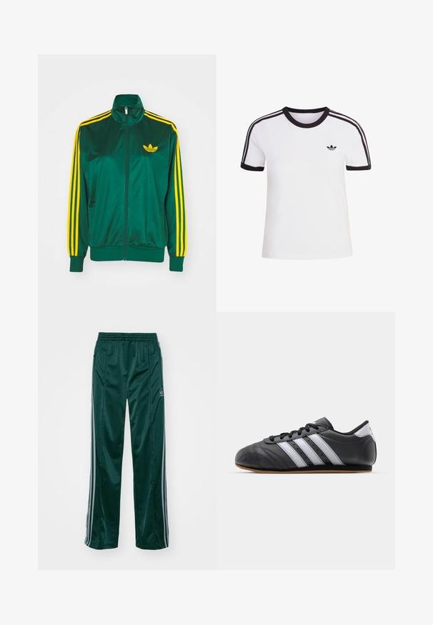 Groene satijnen trainingsjack, met rits aan de voorkant, hoge kraag, gele drie-strepen design op de mouwen en een klein geel logo op de borst.; Wit T-shirt met korte mouwen en zwarte accenten, voorzien van een ronde hals en drie zwarte strepen op elke schouder. Klein zwart logo op de borst.; Donkergroene sportbroeken van glanzend materiaal, met zijstrepens in lichtgrijs en een geborduurd logo op het linkerbeen.; Zwarte leren sportschoen met witte strepen, ronde neus, platte zool en vetersluiting. Bevat perforaties voor ademend vermogen.