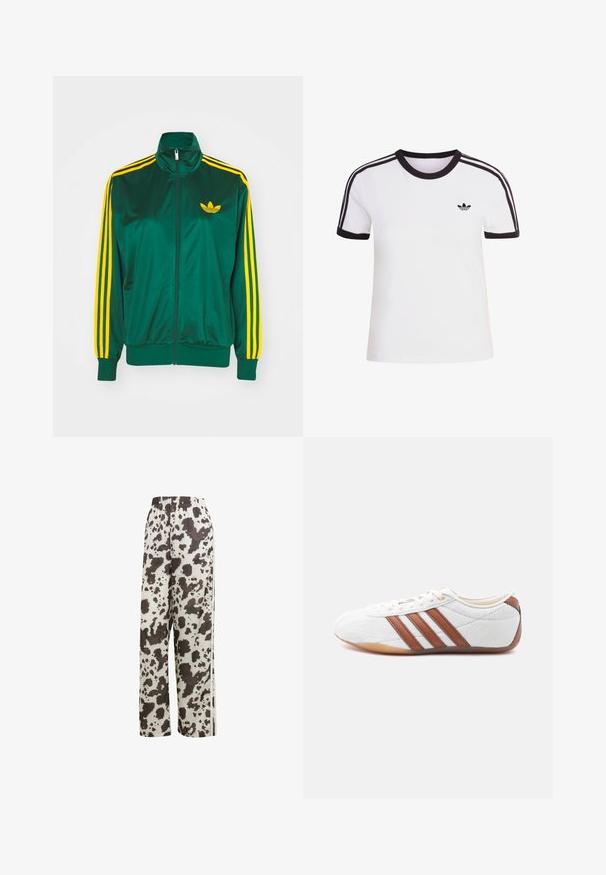 Groene satijnen trainingsjack, met rits aan de voorkant, hoge kraag, gele drie-strepen design op de mouwen en een klein geel logo op de borst.; Wit T-shirt met korte mouwen en zwarte accenten, voorzien van een ronde hals en drie zwarte strepen op elke schouder. Klein zwart logo op de borst.; adidas Originals COW PRINT SATIN WIDE LEG - Trainingsbroek - multicolor off white; Witte lage sneaker met bruine leren strepen, veterluiting en een zool van gumrubber, gezien vanaf de binnenkant op een witte achtergrond.
