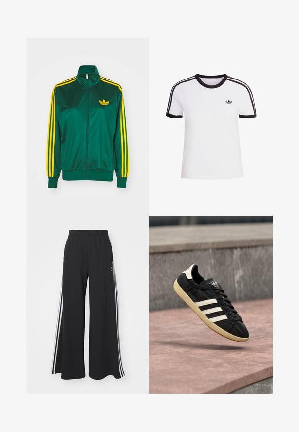 Grøn satin trackjakke, lynlåsfortil, høj krave, gul tre-stripes design på ærmerne og et lille gult logo på brystet.; Hvid kortærmet t-shirt med sorte detaljer, der har rund halsudskæring og tre sorte striber på hver skulder. Lille sort logo på brystet.; Sorte bukser med vide ben og elastik i taljen, med tre hvide striber langs ydersiderne og et lille logo foran.; Sort Adidas sneaker med hvide striber og beige sål, fanget i luften over en stenet overflade og baggrund af en stenmur.