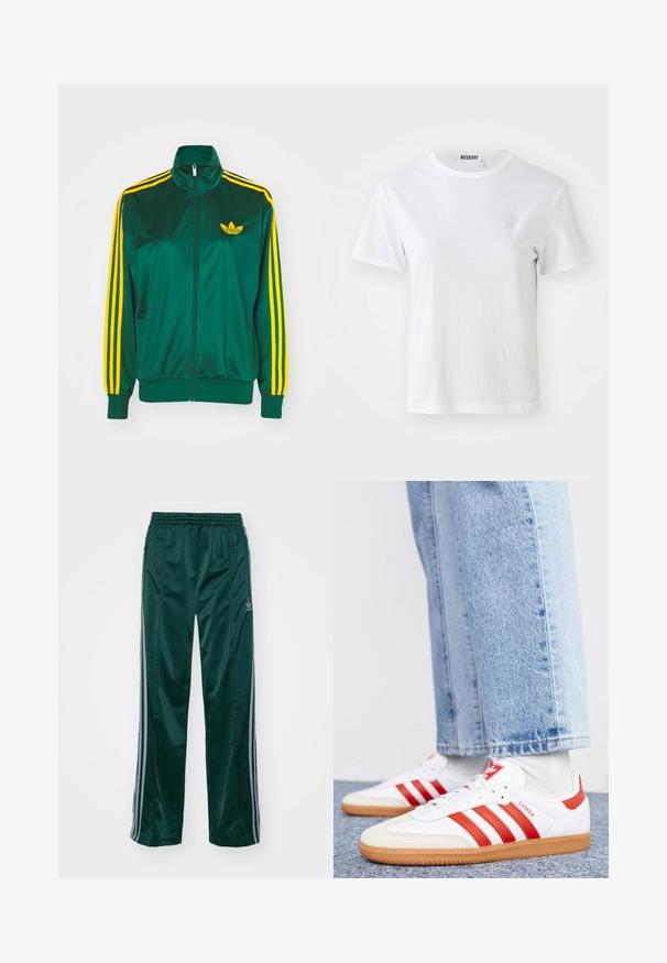Chaqueta de pista satinada verde, con cremallera en la parte delantera, alto cuello, diseño de tres rayas amarillas en las mangas y un pequeño logo amarillo en el pecho.; Camiseta blanca de manga corta hecha de una tela suave. Cuenta con un escote redondo y un corte recto, con una etiqueta en el cuello interior.; Pantalones deportivos de color verde oscuro, hechos de un material brillante, con franjas laterales en gris claro y un logotipo bordado en la pierna izquierda.; Zapatillas de cuero blancas con rayas y detalles rojos. Cuentan con una suela de goma texturizada y un collar acolchado. Llevadas con denim azul claro.