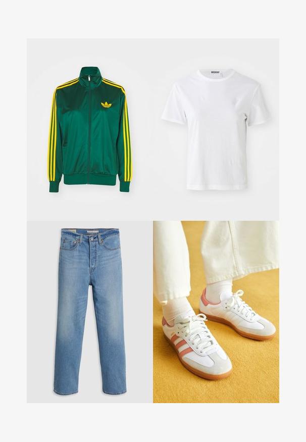 Chaqueta de pista satinada verde, con cremallera en la parte delantera, alto cuello, diseño de tres rayas amarillas en las mangas y un pequeño logo amarillo en el pecho.; Camiseta blanca de manga corta hecha de una tela suave. Cuenta con un escote redondo y un corte recto, con una etiqueta en el cuello interior.; Jeans de mezclilla azul claro de pierna recta con bolsillos frontales, lazos para cinturón y cierre de botón sobre un fondo liso.; Zapatillas deportivas blancas con acentos en rosa, materiales de ante y cuero, punta redonda y suela de goma, mostradas con calcetines de color claro sobre un fondo amarillo.