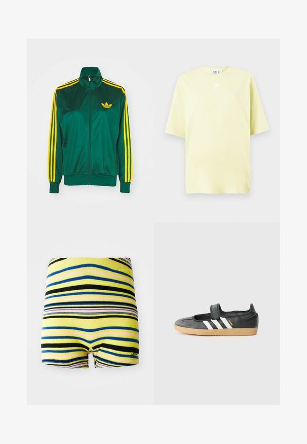 Roheline satiinist spordijakk, lukuga ees, kõrge kaelus, kollased kolm triipu disainis varrukatel ning väike kollane logo rinnal.; Kerge kollane Adidas t-särk lühikeste varrukatega, mille keskel, kaela lähedal, on väike valge trefoillogo.; Ribadega lühikesed püksid, millel on kollased, sinised, mustad ja roosad horisontaalsed triibud. Pehme kangas, elastne vöökoht ja lõigatud jalgade äärised.; Mustmust ja sametist sneaker, millel on Velcro rihm, kolm valget triipu ja kummi tallad, küljel on silt "SAMBA".