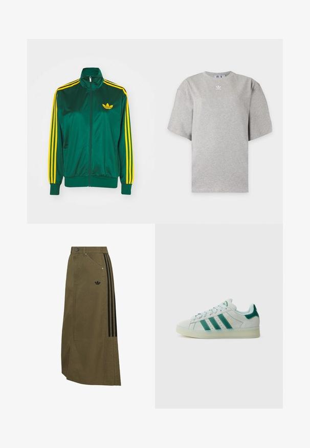 Grøn satin trackjakke, lynlåsfortil, høj krave, gul tre-stripes design på ærmerne og et lille gult logo på brystet.; Lysegrå Adidas T-shirt med korte ærmer, rund hals og lille hvid Adidas-logo på brystet, vist på en ensfarvet baggrund.; Lang olivengrøn nederdel med sidelommer, sort Adidas-logo og tre sorte striber, der løber lodret på den ene side.; Lysegrå ruskindssneaker med mørkegrønne striber og hælkappe, gennemsigtig sål, snørebånd og "CAMPUS" tekst i guld på siden.