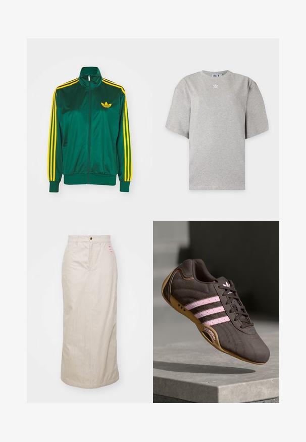 Groene satijnen trainingsjack, met rits aan de voorkant, hoge kraag, gele drie-strepen design op de mouwen en een klein geel logo op de borst.; Lichtgrijs Adidas T-shirt met korte mouwen, ronde hals en klein wit Adidas-logo op de borst, weergegeven op een effen achtergrond.; Beige gestreepte rok met een hoge taille, verborgen rits en metalen knoopsluiting. Inclusief een klein merklabel aan de voorkant.; Bruine suède sport schoen met roze strepen en logo, voorzien van een gestructureerde bovenkant, vetersluiting en een gumrubberen zool.