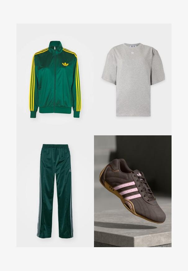 Grøn satin trackjakke, lynlåsfortil, høj krave, gul tre-stripes design på ærmerne og et lille gult logo på brystet.; Lysegrå Adidas T-shirt med korte ærmer, rund hals og lille hvid Adidas-logo på brystet, vist på en ensfarvet baggrund.; Mørkegrønne træningsbukser lavet af skinnende materiale, med sidelister i lys grå og et broderet logo på venstre ben.; Brune ruskind atletik sko med pink striber og logo, med en tekstureret overdel, snørebåndslukning og en gummirubbersål.
