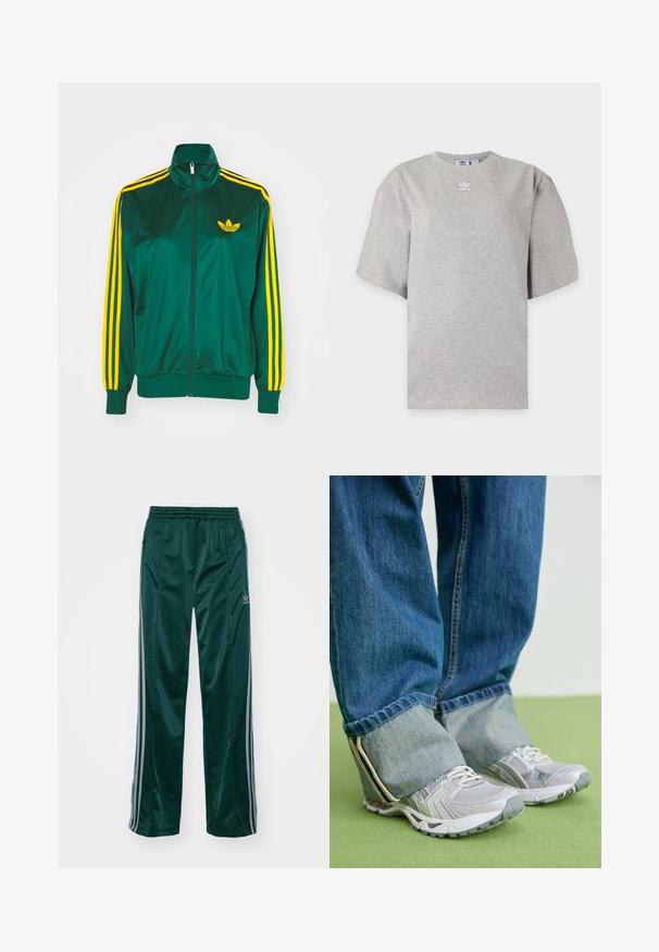 Zelená saténová tréningová bunda, predné zips, vysoký golier, žltý trojprúžkový dizajn na rukávoch a malé žlté logo na hrudi.; Svetlosivé tričko Adidas s krátkym rukávom, okrúhlym výstrihom a malým bielym logom Adidas na hrudi, zobrazené na jednoduchom pozadí.; Tmavozelené športové nohavice vyrobené z lesklého materiálu, s bočnými pruhmi v svetlošedej farbe a vyšitým logom na ľavom stehne.; Šedé športové topánky z priedušného materiálu s bielymi akcentmi, v kombinácii s modrými rifľovými nohavicami, ktoré sú na členkoch ohnuté.