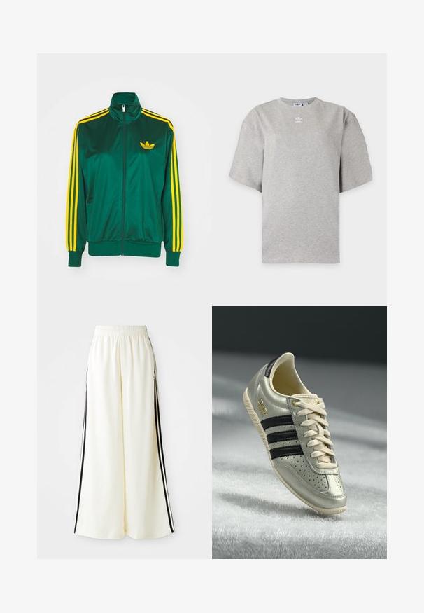 Zelená saténová tréningová bunda, predné zips, vysoký golier, žltý trojprúžkový dizajn na rukávoch a malé žlté logo na hrudi.; Svetlosivé tričko Adidas s krátkym rukávom, okrúhlym výstrihom a malým bielym logom Adidas na hrudi, zobrazené na jednoduchom pozadí.; Biele široké nohavice s elastickým pásom a čiernymi vertikálnymi pruhmi pozdĺž vonkajších švov.; Svetlo šedé kožené tenisky s čiernymi pruhmi, perforovanými detailmi, béžovými šnúrkami a zlatou nášivkou. Textúrovaná gumová podrážka.