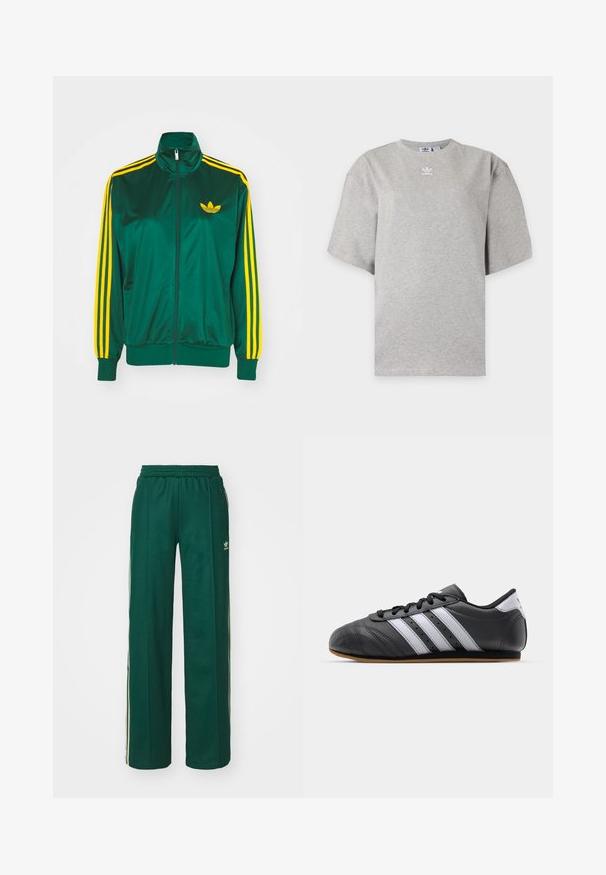 Grøn satin trackjakke, lynlåsfortil, høj krave, gul tre-stripes design på ærmerne og et lille gult logo på brystet.; Lysegrå Adidas T-shirt med korte ærmer, rund hals og lille hvid Adidas-logo på brystet, vist på en ensfarvet baggrund.; Mørkegrønne træningsbukser med en afslappet pasform, der har snor i taljen, sidelommer og cremefarvede striber langs siderne.; Sorte lædersportssko med hvide striber, rund tå, flad sål og snørelukning. Har perforeringer for åndbarhed.