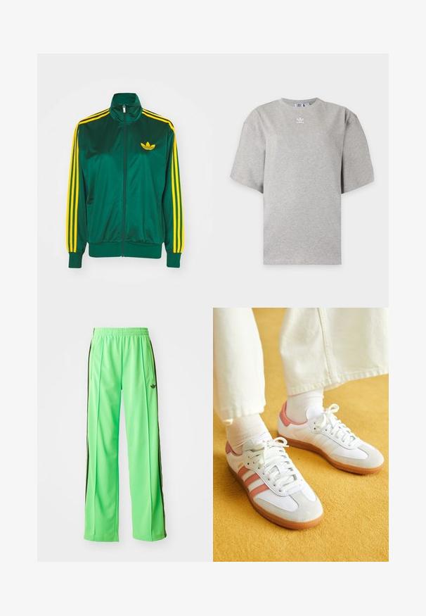 Grøn satin trackjakke, lynlåsfortil, høj krave, gul tre-stripes design på ærmerne og et lille gult logo på brystet.; Lysegrå Adidas T-shirt med korte ærmer, rund hals og lille hvid Adidas-logo på brystet, vist på en ensfarvet baggrund.; Grønne atletiske bukser lavet af glat, let materiale, med sorte sidestriber og et broderet logo på fronten.; Hvide sportsko med lyserøde accenter, lavet af ruskind og læder, rund tå og gummisål, vist med lyse sokker på en gul baggrund.