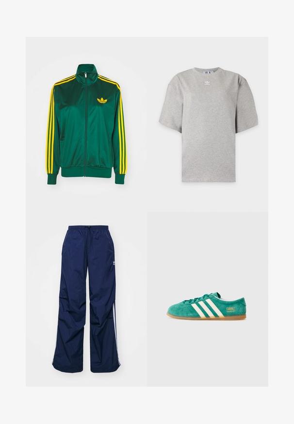 Zelená saténová tréningová bunda, predné zips, vysoký golier, žltý trojprúžkový dizajn na rukávoch a malé žlté logo na hrudi.; Svetlosivé tričko Adidas s krátkym rukávom, okrúhlym výstrihom a malým bielym logom Adidas na hrudi, zobrazené na jednoduchom pozadí.; Tmavomodré, ľahké nohavice s elastickým pásom a sťahovacou šnúrkou, so svetlými bočnými pásmi a malým logom na prednej strane. Strih voľného strihu.; Zelené semišové tenisky s tromi bielymi prúžkami, gumenou podrážkou a zlatým logom "Gazelle" na boku. Nízky strih s viazaním.