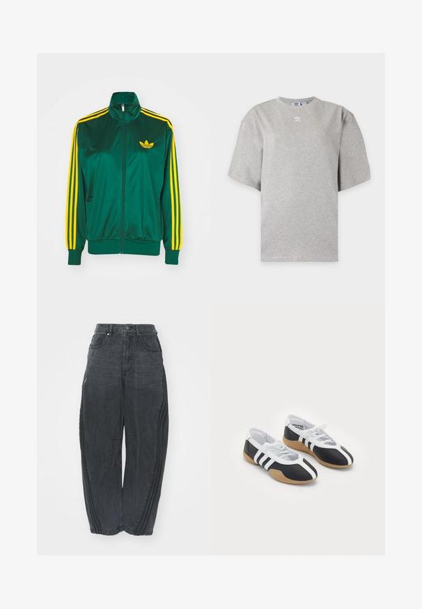 Zelená saténová tréningová bunda, predné zips, vysoký golier, žltý trojprúžkový dizajn na rukávoch a malé žlté logo na hrudi.; Svetlosivé tričko Adidas s krátkym rukávom, okrúhlym výstrihom a malým bielym logom Adidas na hrudi, zobrazené na jednoduchom pozadí.; Voľné čierne denimové džínsy so zosušeným povrchom, piatimi vreckami, zapínaním na gombík v páse a prešívaním na prednej strane a po stranách.; Čierne a biele športové topánky s elegantným dizajnom, gumovou podrážkou, šnurovaním a tromi bielymi prúžkami na bokoch.