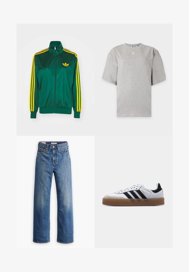Grüne Satin-Trainingsjacke, mit Reißverschluss vorne, hohem Kragen, gelbem Drei-Streifen-Design an den Ärmeln und kleinem gelben Logo auf der Brust.; Hellgraues Adidas T-Shirt mit kurzen Ärmeln, Rundhalsausschnitt und kleinem weißen Adidas-Logo auf der Brust, auf schlichtem Hintergrund dargestellt.; Hellblaue Jeans aus Denim mit hoher Taille, weitem Bein, klassischem Fünf-Taschen-Design und subtilen Verwaschungen im Stoff.; Weiße Leder Sneakers mit schwarzen Streifen, Gummigummi-Außensohle, runder Zehenform, Schnürverschluss und weichem grauem Wildleder-Zehenkappe.