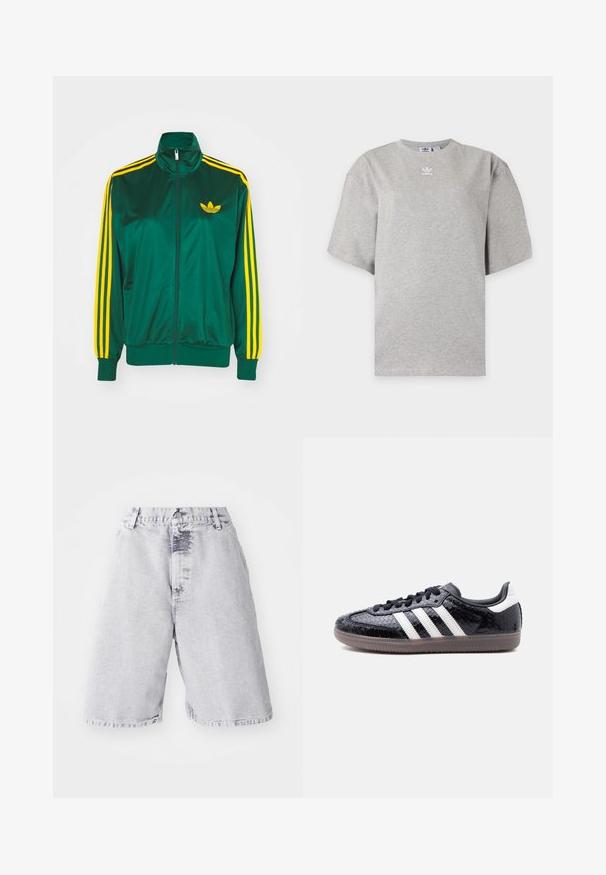 Grøn satin trackjakke, lynlåsfortil, høj krave, gul tre-stripes design på ærmerne og et lille gult logo på brystet.; Lysegrå Adidas T-shirt med korte ærmer, rund hals og lille hvid Adidas-logo på brystet, vist på en ensfarvet baggrund.; Lysgrå denimshorts med en falmet tekstur. Har en knap- og lynlåslukning, bæltestropper og et lige ben-design.; Lavprofils sort sneaker med tekstureret slangeskindsmønster, hvide striber på siden, sorte snørebånd og en gennemsigtig brun sål.