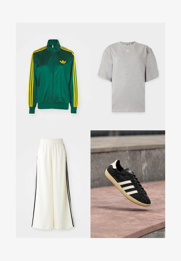 Grüne Satin-Trainingsjacke, mit Reißverschluss vorne, hohem Kragen, gelbem Drei-Streifen-Design an den Ärmeln und kleinem gelben Logo auf der Brust.; Hellgraues Adidas T-Shirt mit kurzen Ärmeln, Rundhalsausschnitt und kleinem weißen Adidas-Logo auf der Brust, auf schlichtem Hintergrund dargestellt.; Weiße weite Hosen mit elastischem Bund und schwarzen vertikalen Streifen an den äußeren Nähten.; Schwarzer Adidas-Sneaker mit weißen Streifen und beiger Sohle, in der Luft über einer steinernen Oberfläche und mit Steinwand im Hintergrund aufgenommen.