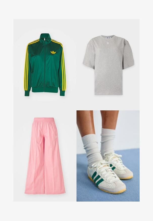 Chaqueta de pista satinada verde, con cremallera en la parte delantera, alto cuello, diseño de tres rayas amarillas en las mangas y un pequeño logo amarillo en el pecho.; Camiseta Adidas de manga corta color gris claro con cuello redondo y pequeño logo blanco de Adidas en el pecho, mostrada sobre un fondo liso.; Pantalones de pierna ancha en color rosa, hechos de un tejido ligero, con una cintura elástica y sutiles rayas blancas en los laterales. Pequeño logotipo en la parte delantera.; Pies con zapatillas blancas con rayas verdes y calcetines blancos de canalé que están sobre una alfombra azul claro.