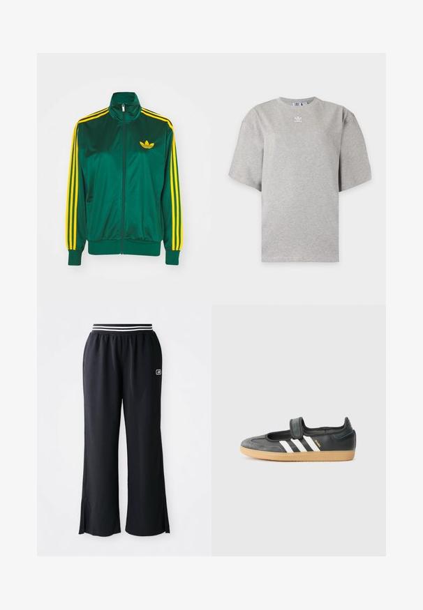 Groene satijnen trainingsjack, met rits aan de voorkant, hoge kraag, gele drie-strepen design op de mouwen en een klein geel logo op de borst.; Lichtgrijs Adidas T-shirt met korte mouwen, ronde hals en klein wit Adidas-logo op de borst, weergegeven op een effen achtergrond.; Zwarte sportbroeken met een wijde pijpdesign, een elastische tailleband met zwart-witte strepen en zijslits aan de zoom.; Zwarte leren en suède sneaker met een klittenbandsluiting, voorzien van drie witte strepen en een gumzool, met de naam "SAMBA" aan de zijkant.