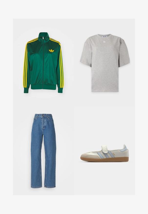 Groene satijnen trainingsjack, met rits aan de voorkant, hoge kraag, gele drie-strepen design op de mouwen en een klein geel logo op de borst.; Lichtgrijs Adidas T-shirt met korte mouwen, ronde hals en klein wit Adidas-logo op de borst, weergegeven op een effen achtergrond.; Hoge taille, rechte blauwjeans met een vervaagde afwerking. Heeft vijf zakken, een knoopsluiting en subtiele stikdetails.; adidas Originals SAMBA JANE BALLERINA - Ballerina's met enkelbandjes - cloud white/halo blue