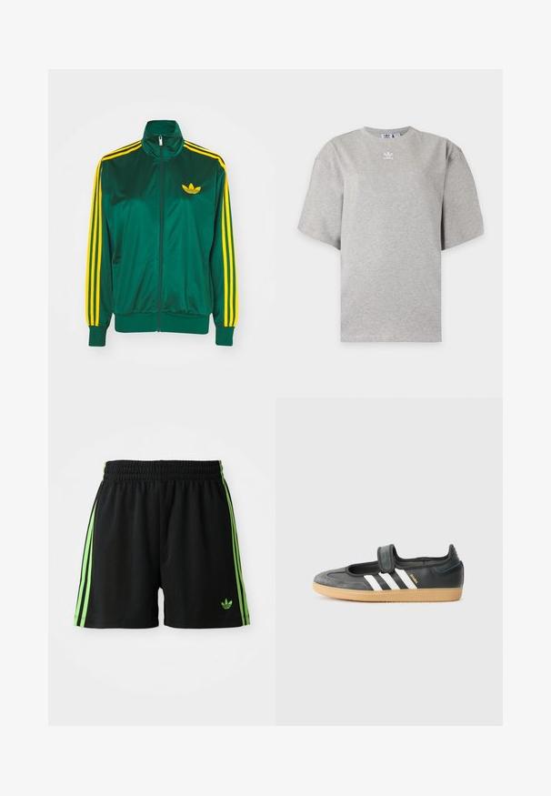 Grüne Satin-Trainingsjacke, mit Reißverschluss vorne, hohem Kragen, gelbem Drei-Streifen-Design an den Ärmeln und kleinem gelben Logo auf der Brust.; Hellgraues Adidas T-Shirt mit kurzen Ärmeln, Rundhalsausschnitt und kleinem weißen Adidas-Logo auf der Brust, auf schlichtem Hintergrund dargestellt.; Schwarze Sportshorts mit einem Kordelzugbund, die auf jeder Seite drei vertikale grüne Streifen und das grüne Adidas-Logo aufweisen.; Schwarze Leder- und Wildledersneaker mit einem Klettverschluss, ausgestattet mit drei weißen Streifen und einer Gummisohle, beschriftet mit "SAMBA" an der Seite.