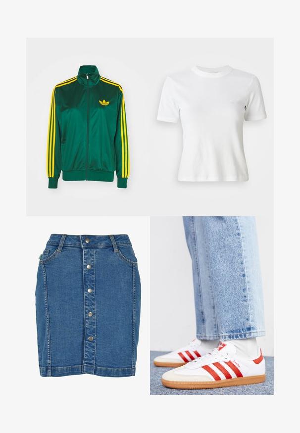 Groene satijnen trainingsjack, met rits aan de voorkant, hoge kraag, gele drie-strepen design op de mouwen en een klein geel logo op de borst.; Witte gestreepte t-shirt met korte mouwen, een ronde halslijn en een klein logo op de borst. Gemaakt van zachte stof met een getailleerd ontwerp.; Denim rok met een sluiting aan de voorkant met knopen, een aansluitend ontwerp, lichtblauwe kleur en subtiele stiksels.; Witte leren sneakers met rode strepen en accenten. Voorzien van een getextureerde gumrubberen outsole en een gevoerde kraag. Draag ze met lichtblauwe denim.