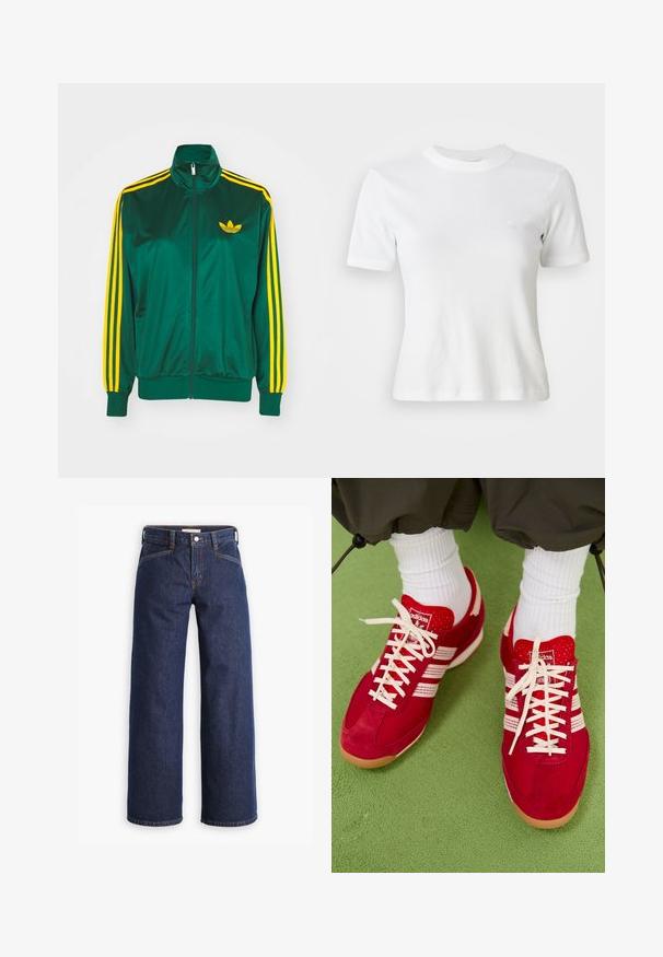 Chaqueta de pista satinada verde, con cremallera en la parte delantera, alto cuello, diseño de tres rayas amarillas en las mangas y un pequeño logo amarillo en el pecho.; Camiseta blanca de manga corta con canalé, escote redondo y un pequeño logo en el pecho. Fabricada con una tela suave y con un diseño ajustado.; Vaqueros de mezclilla azul oscuro con cintura alta, corte recto y discreta costura naranja. Presentan un cierre frontal con botón y cremallera.; Zapatillas deportivas de ante rojo y malla con rayas y cordones blancos. Suela de goma. Llevadas con calcetines blancos de canalé sobre una superficie verde texturizada.