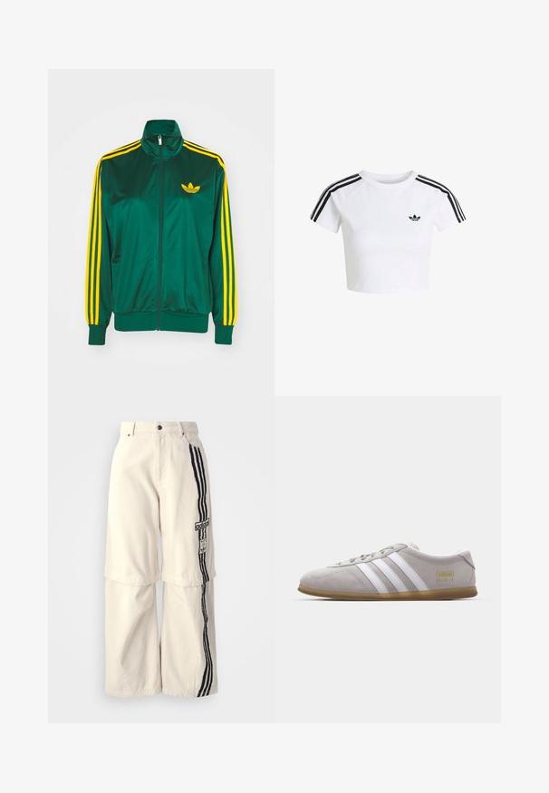 Grüne Satin-Trainingsjacke, mit Reißverschluss vorne, hohem Kragen, gelbem Drei-Streifen-Design an den Ärmeln und kleinem gelben Logo auf der Brust.; Weißes Cropped-T-Shirt mit schwarzem Adidas-Trefoil-Logo auf der Brust und drei schwarzen Streifen entlang der Schultern und Ärmel.; Beige weite Baumwollhosen mit einem schwarzen Dreistreifen-Design an der Seite und einem Adidas-Logo-Patch am Oberschenkel.; Graue Wildleder-Sneaker mit weißen Lederstreifen und goldenen Logodetails. Flache Gummisohle, abgerundete Zehenpartie und klassisches Schnürverschlussdesign.