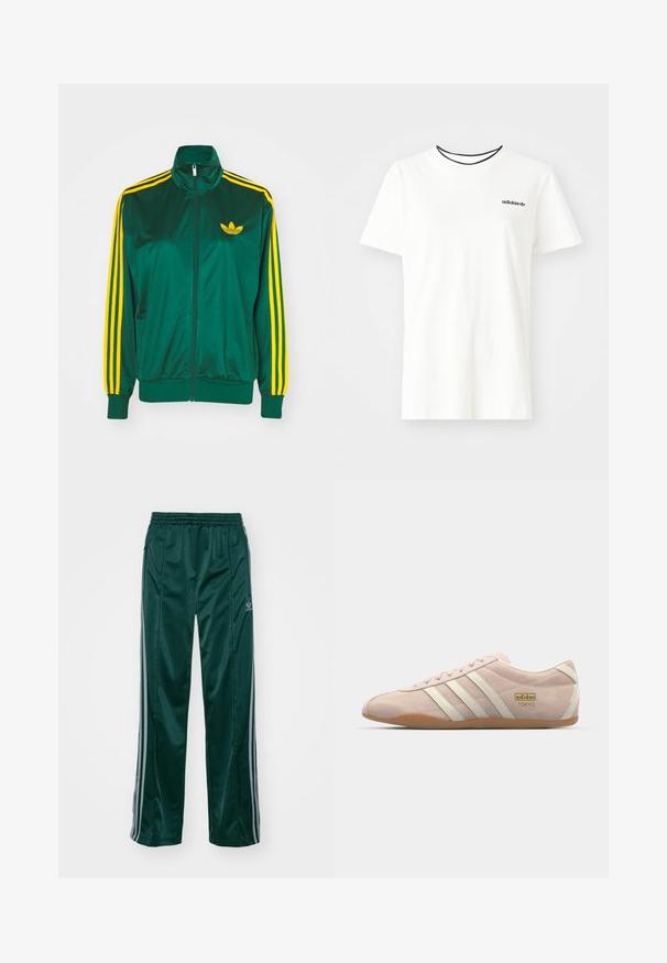 Grøn satin trackjakke, lynlåsfortil, høj krave, gul tre-stripes design på ærmerne og et lille gult logo på brystet.; Hvid bomulds t-shirt med korte ærmer og rund halsudskæring. Har et sort Adidas-logo på brystet og en kontrasterende sort indvendig krave.; Mørkegrønne træningsbukser lavet af skinnende materiale, med sidelister i lys grå og et broderet logo på venstre ben.; adidas Originals TOKYO - Sneakers - quartz/off white