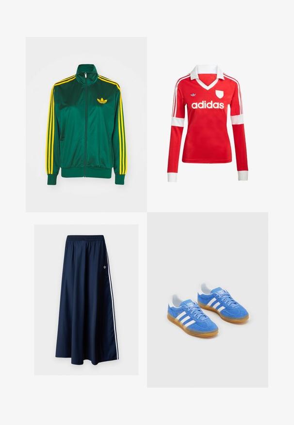 Veste de survêtement en satin vert, fermeture éclair devant, col haut, design à trois rayures jaunes sur les manches, et un petit logo jaune sur la poitrine.; Maillot de football à manches longues rouge avec un col et des poignets blancs. Présente trois rayures blanches sur les épaules et le logo "adidas" affiché en évidence.; Jupe longue bleu marine avec ceinture élastique, deux bandes blanches sur les côtés et un petit logo Adidas blanc sur le côté gauche.; Baskets en cuir suédé bleu avec des accents rayés blancs, semelle en caoutchouc et col rembourré pour plus de confort. Présente un design classique à lacets.
