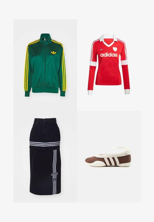Grøn satin trackjakke, lynlåsfortil, høj krave, gul tre-stripes design på ærmerne og et lille gult logo på brystet.; Rød langærmet fodboldtrøje med hvid krave og manchetter. Har tre hvide striber på skuldrene og "adidas" logoet fremtrædende vist.; Sort denimnederdel med høj talje, der har to hvide vandrette striber, et Adidas-logo på siden og et lige snit.; Brun og hvid balletflad sko med tre hvide striber og ankelbånds sløjfe på en ensartet lys baggrund.