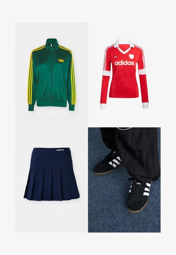 Grüne Satin-Trainingsjacke, mit Reißverschluss vorne, hohem Kragen, gelbem Drei-Streifen-Design an den Ärmeln und kleinem gelben Logo auf der Brust.; Rotes Fußballtrikot mit langen Ärmeln, weißem Kragen und weißen Ärmelbündchen. Es hat drei weiße Streifen auf den Schultern und das "adidas"-Logo ist auffällig platziert.; Marineblauer Faltenrock aus leichtem Stoff; verfügt über einen elastischen Bund und eine kleine Reißverschlusstasche, mit einem weißen Adidas-Logo auf der Vorderseite.; Schwarze Wildleder-Sportschuhe mit drei weißen Streifen und schwarzen Schnürsenkeln. Eine strukturierte schwarze Hose ist teilweise neben den Schuhen sichtbar.
