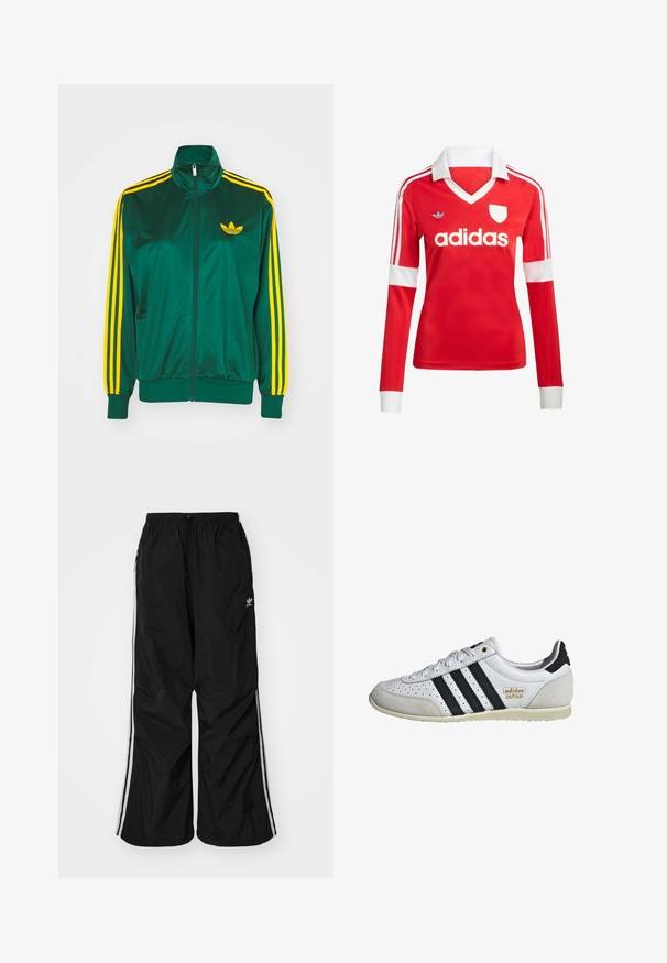 Grøn satin trackjakke, lynlåsfortil, høj krave, gul tre-stripes design på ærmerne og et lille gult logo på brystet.; Rød langærmet fodboldtrøje med hvid krave og manchetter. Har tre hvide striber på skuldrene og "adidas" logoet fremtrædende vist.; Sorte vindjakke-bukser med elastisk talje, snøre, hvide side-striber, løs pasform og en lille logo på venstre side.; Hvide sneakers med sorte striber og guldbranding. Fremstillet af suede og lædermaterialer, med perforeret overdel og struktureret gummisål.