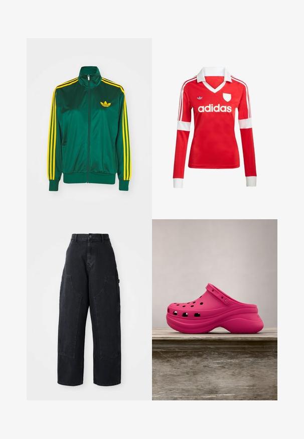 Grüne Satin-Trainingsjacke, mit Reißverschluss vorne, hohem Kragen, gelbem Drei-Streifen-Design an den Ärmeln und kleinem gelben Logo auf der Brust.; Rotes Fußballtrikot mit langen Ärmeln, weißem Kragen und weißen Ärmelbündchen. Es hat drei weiße Streifen auf den Schultern und das "adidas"-Logo ist auffällig platziert.; Schwarze Denim Cargo-Hosen mit weitem Bein und hoher Taille, zwei großen Vordertaschen und einem Knopfverschluss an der Taille. Glatte Textur, lässiges Design.; Helle pinke Gummischuhe mit Belüftungslöchern, einem Rückengurt und einer ergonomisch geformten Plattformsohle für mehr Komfort. Elegante und glatte Textur überall.