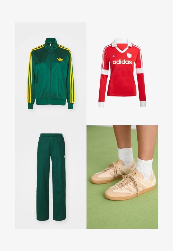 Groene satijnen trainingsjack, met rits aan de voorkant, hoge kraag, gele drie-strepen design op de mouwen en een klein geel logo op de borst.; Rode lange mouwen voetbalshirt met een witte kraag en manchetten. Heeft drie witte strepen op de schouders en het "adidas" logo prominent weergegeven.; Donkergroene sportbroek met een relaxte pasvorm, voorzien van een trekkoord in de taille, zijzakken en crèmekleurige strepen aan de zijkanten.; Voeten in beige geweven Adidas sneakers met gumzolen en witte enkelsokken op een groene gestructureerde vloer.