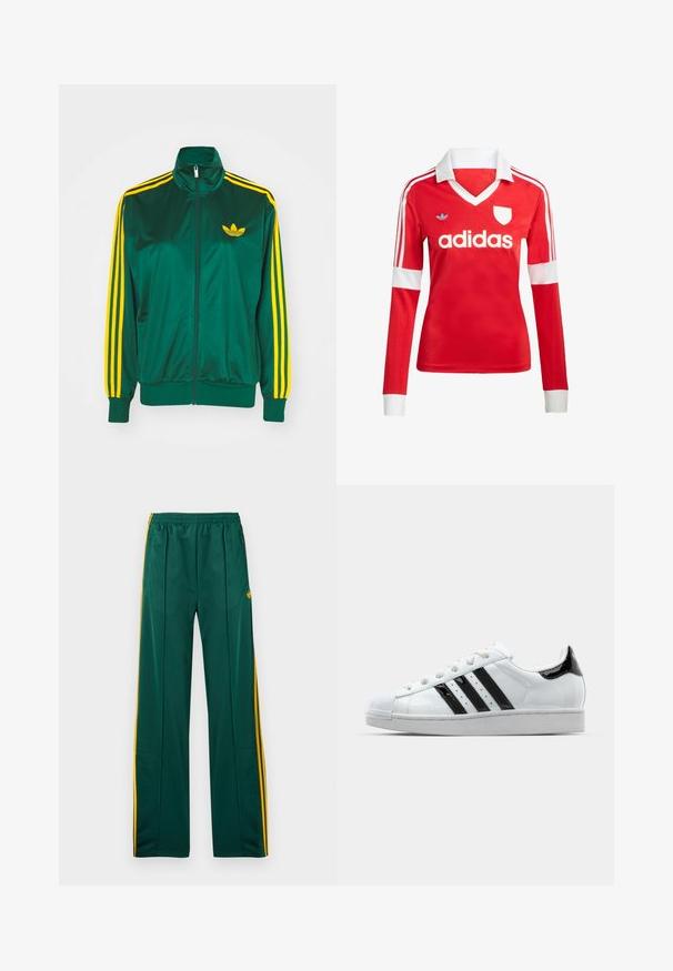 Groene satijnen trainingsjack, met rits aan de voorkant, hoge kraag, gele drie-strepen design op de mouwen en een klein geel logo op de borst.; Rode lange mouwen voetbalshirt met een witte kraag en manchetten. Heeft drie witte strepen op de schouders en het "adidas" logo prominent weergegeven.; Groene sportbroek met gele zijstrepen, elastische tailleband en twee zijzakken. Gemaakt van glad, lichtgewicht materiaal.; Witte sneaker met zwarte gepatineerde accenten, drie zwarte strepen en een rubberen neuzenkap. Voorzien van witte veters en een gladde bovenkant.