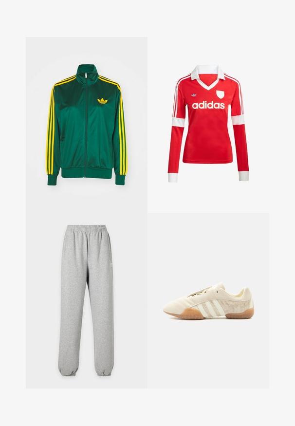 Grüne Satin-Trainingsjacke, mit Reißverschluss vorne, hohem Kragen, gelbem Drei-Streifen-Design an den Ärmeln und kleinem gelben Logo auf der Brust.; Rotes Fußballtrikot mit langen Ärmeln, weißem Kragen und weißen Ärmelbündchen. Es hat drei weiße Streifen auf den Schultern und das "adidas"-Logo ist auffällig platziert.; Hellgraue Jogginghose mit elastischem Bund und Bündchen, Seitentaschen und kleinem weißem Logo am oberen Oberschenkel.; Flacher beiger Sneaker mit drei weißen Streifen, strukturierten Wildleder-Seitenflächen, Gummisohle und Schnürverschluss vor einfarbigem Hintergrund.
