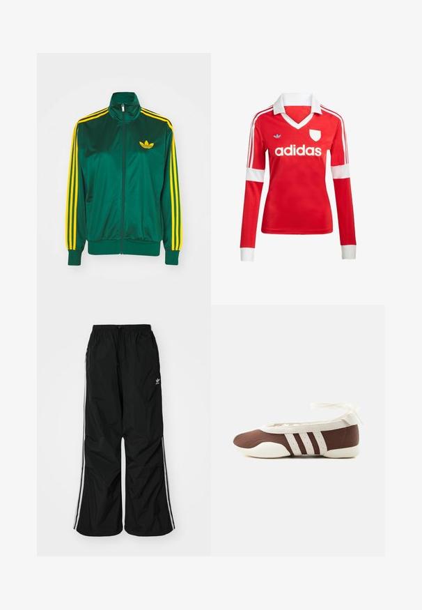Grøn satin trackjakke, lynlåsfortil, høj krave, gul tre-stripes design på ærmerne og et lille gult logo på brystet.; Rød langærmet fodboldtrøje med hvid krave og manchetter. Har tre hvide striber på skuldrene og "adidas" logoet fremtrædende vist.; Sorte vindjakke-bukser med elastisk talje, snøre, hvide side-striber, løs pasform og en lille logo på venstre side.; Brun og hvid balletflad sko med tre hvide striber og ankelbånds sløjfe på en ensartet lys baggrund.