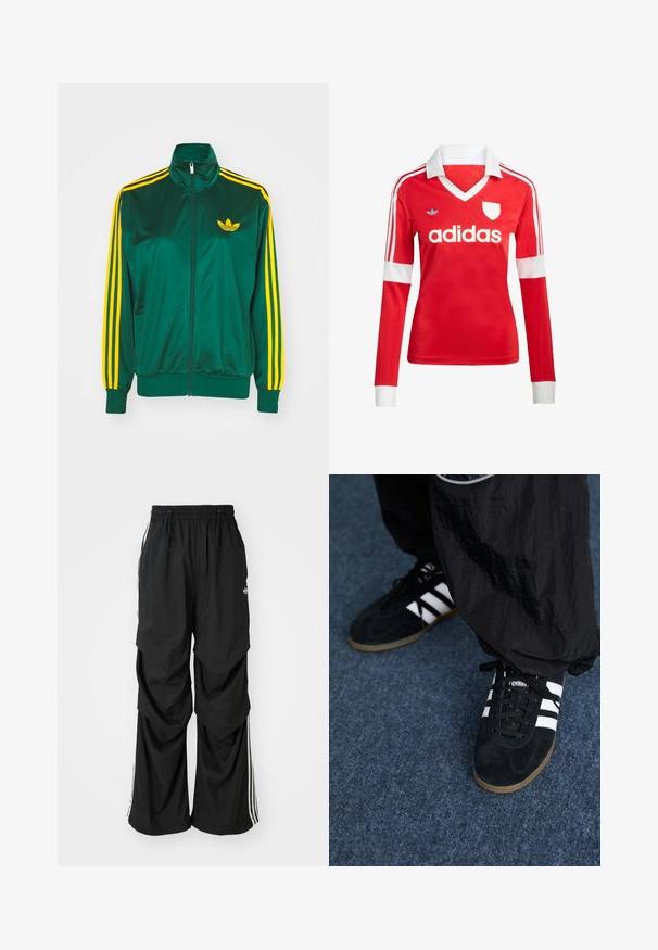 Grüne Satin-Trainingsjacke, mit Reißverschluss vorne, hohem Kragen, gelbem Drei-Streifen-Design an den Ärmeln und kleinem gelben Logo auf der Brust.; Rotes Fußballtrikot mit langen Ärmeln, weißem Kragen und weißen Ärmelbündchen. Es hat drei weiße Streifen auf den Schultern und das "adidas"-Logo ist auffällig platziert.; Schwarz weite Hosen mit elastischem Bund, Kordelzug und weißen Seitenstreifen; aus leichtem Stoff mit glatter Textur.; Schwarze Wildleder-Sportschuhe mit drei weißen Streifen und schwarzen Schnürsenkeln. Eine strukturierte schwarze Hose ist teilweise neben den Schuhen sichtbar.