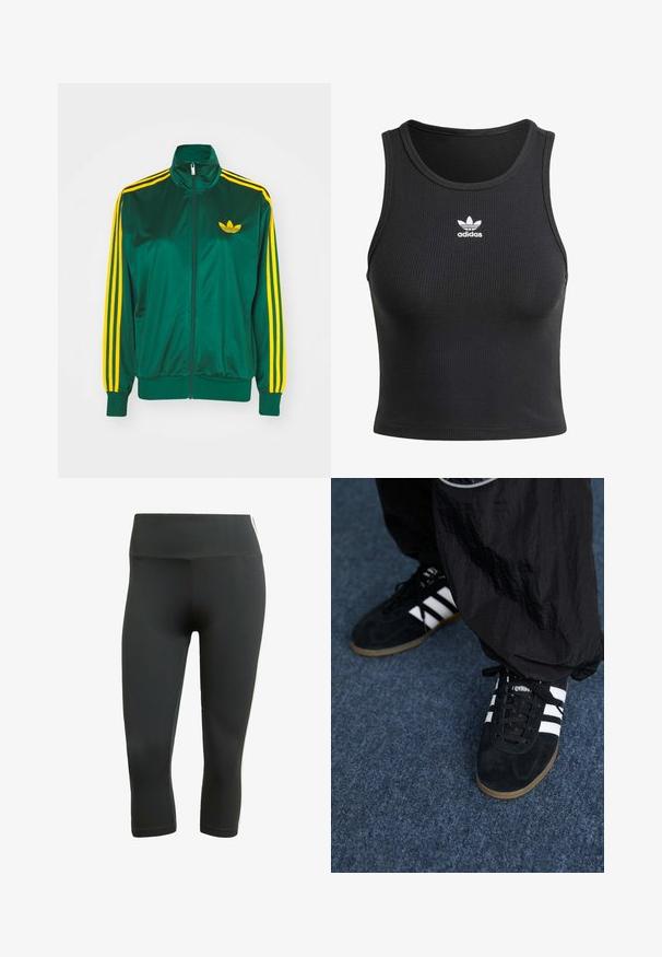Grøn satin trackjakke, lynlåsfortil, høj krave, gul tre-stripes design på ærmerne og et lille gult logo på brystet.; Sort ribbet tanktop med en rund halsudskæring, der har et hvidt Adidas-logo på brystet. Materialet ser glat og fleksibelt ud.; Sort capri leggings lavet af strækmateriale, med en bred talje og hvide sideluminiumstriber for kontrast og detalje.; Sorte suedetrainingssko med tre hvide striber og sorte snørebånd. Et tekstureret sort bukser er delvist synligt ved siden af skoene.