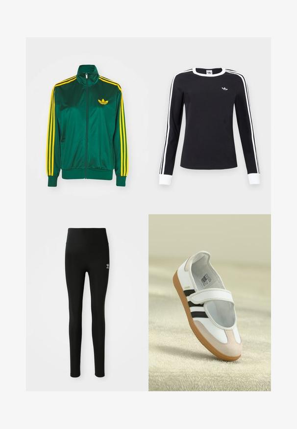 Roheline satiinist spordijakk, lukuga ees, kõrge kaelus, kollased kolm triipu disainis varrukatel ning väike kollane logo rinnal.; Must valge otsaga särk valgete krae ja mansettidega, valged triibud varrukatel ning väike valge Adidas logo vasakul rinnal.; Mustemad elastsed retuusid kõrge vöökoha ja väikese valge Adidas logo'ga vasakul jalal. Sile tekstuur.; Valge king, millel on roosa sametist varvas, mustad triibud ja Velcro rihm. Omab pruuni kummist talla ja külje peal logo.