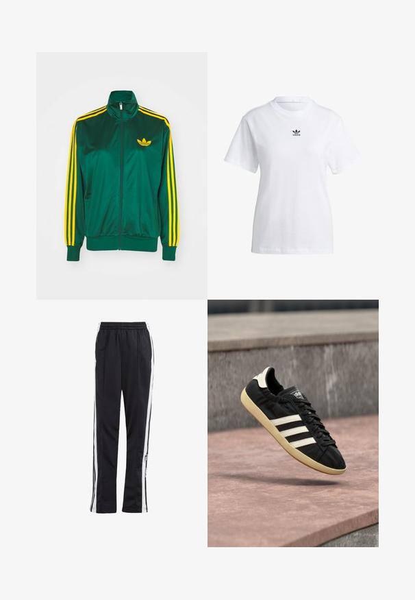 Chaqueta de pista satinada verde, con cremallera en la parte delantera, alto cuello, diseño de tres rayas amarillas en las mangas y un pequeño logo amarillo en el pecho.; adidas Originals REGULAR FIT - Camiseta básica - white; Pantalones deportivos negros con rayas laterales blancas, cintura elástica y parche con logo. Fabricados con una tela suave y ligera. Diseño de pierna recta.; Zapatilla negra Adidas con rayas blancas y suela beige, capturada en el aire sobre una superficie de piedra y con fondo de muro de piedra.