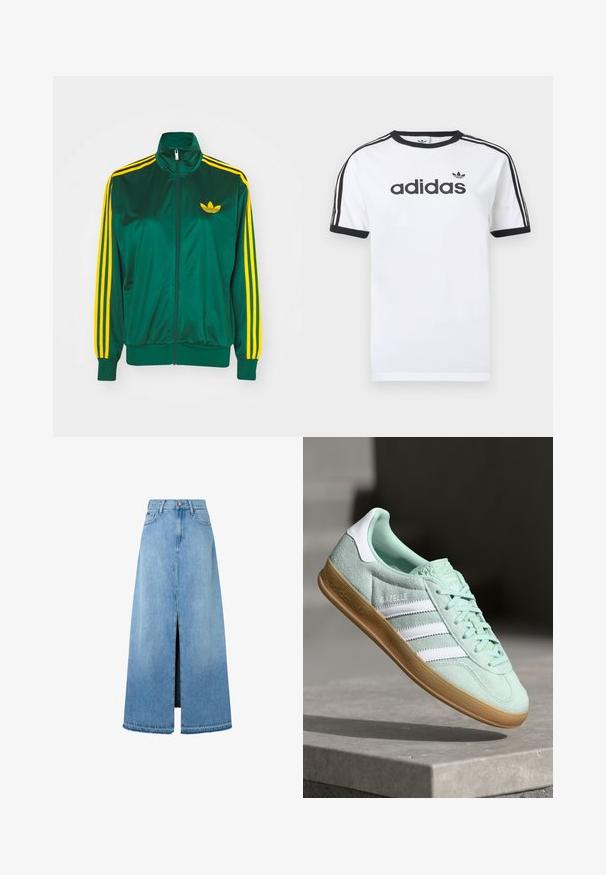 Groene satijnen trainingsjack, met rits aan de voorkant, hoge kraag, gele drie-strepen design op de mouwen en een klein geel logo op de borst.; Wit katoenen T-shirt met zwarte accenten, voorzien van een ronde hals, korte mouwen, drie zwarte strepen op de schouders en het "adidas"-logo in het zwart.; Lichtblauwe denim maxi rok met een voorin gespleten stijl, typische A-lijn vorm, afgewerkt zoom en klassiek vijfzakken ontwerp. Knoopsluiting bij de taille.; Adidas Gazelle sneaker in muntgroen suede met witte accenten, vetersluiting en een gumrubberen zool. Voorzien van drie witte strepen.