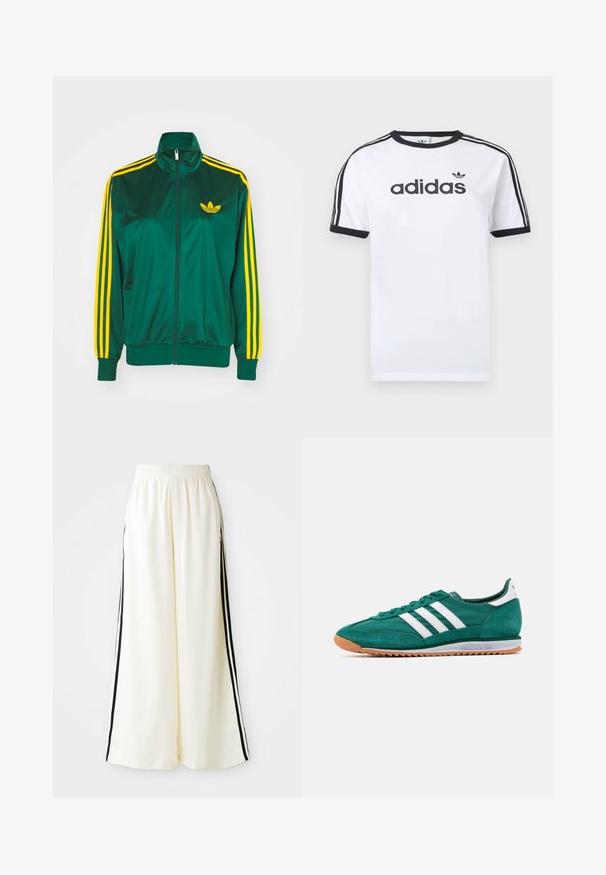 Grøn satin trackjakke, lynlåsfortil, høj krave, gul tre-stripes design på ærmerne og et lille gult logo på brystet.; Hvid bomulds-T-shirt med sorte detaljer, har rundt halsudskæring, korte ærmer, tre sorte striber på skuldrene og adidas-logo i sort.; Hvide løse bukser med elastisk talje og sorte lodrette striber langs yderseams.; Grøn ruskinds sneakers med hvide striber, rund tå, gummisål og teksturerede detaljer. Har en polstret krave og snørebånd foran.