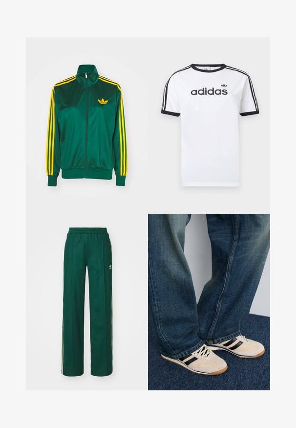 Grüne Satin-Trainingsjacke, mit Reißverschluss vorne, hohem Kragen, gelbem Drei-Streifen-Design an den Ärmeln und kleinem gelben Logo auf der Brust.; Weißes Baumwoll-T-Shirt mit schwarzen Akzenten, verfügt über einen Rundhalsausschnitt, kurze Ärmel, drei schwarze Streifen auf den Schultern und das "adidas"-Logo in Schwarz.; Dunkelgrüne Sporthose mit lockerer Passform, ausgestattet mit einem Kordelzugbund, Seitentaschen und cremefarbenen Streifen an den Seiten.; Cremefarbene Sneaker mit schwarzen Streifen und Netzpaneelen, kombiniert mit blauen Jeans aus Denim mit einem verfärbten Finish und fransigem Saum.