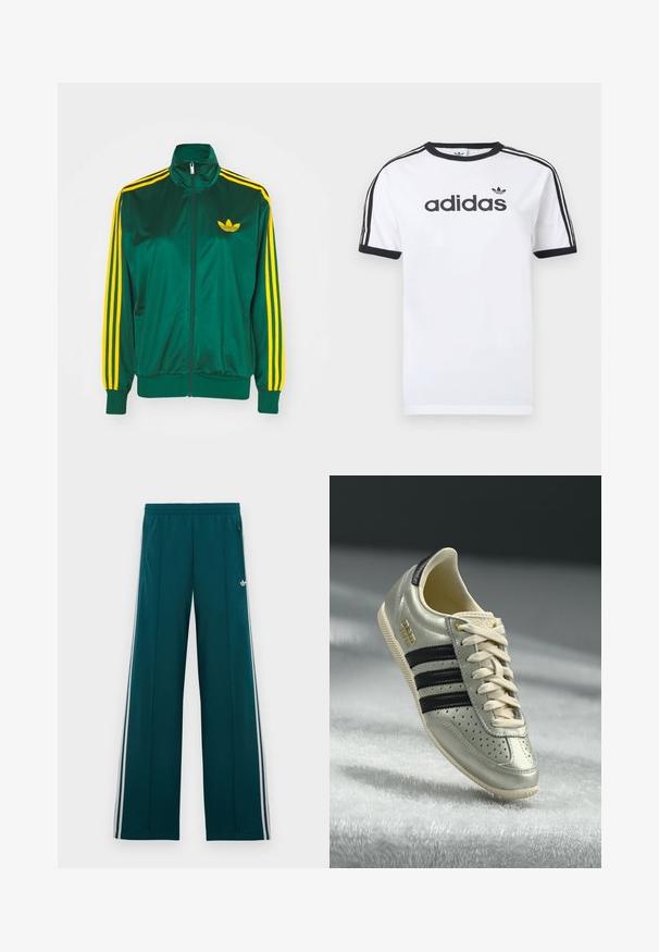 Groene satijnen trainingsjack, met rits aan de voorkant, hoge kraag, gele drie-strepen design op de mouwen en een klein geel logo op de borst.; Wit katoenen T-shirt met zwarte accenten, voorzien van een ronde hals, korte mouwen, drie zwarte strepen op de schouders en het "adidas"-logo in het zwart.; Felblauwe wijde trainingsbroek met elastische tailleband, witte strepen langs de zijkant, zakken met rits en een klein wit trefoil-logo op de rechterdij.; Lichtgrijze leren sneaker met zwarte strepen, geperforeerde details, beige veters en een gouden logopatch. Gedeelte rubberen zool.